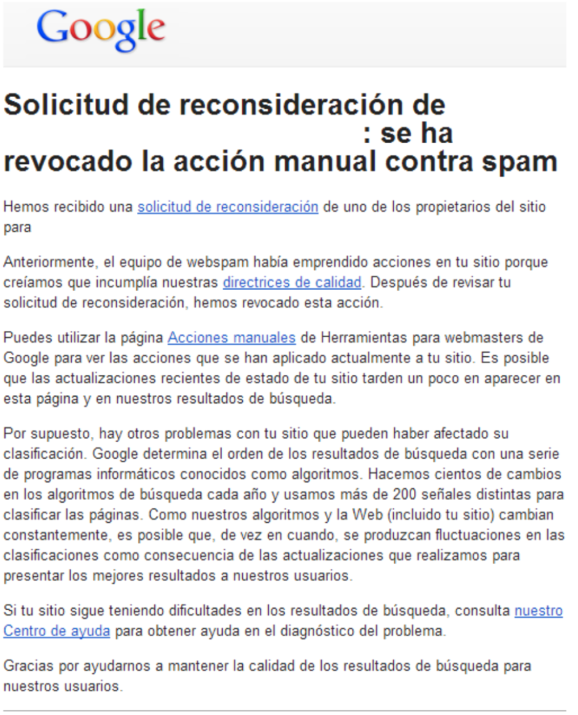 Ejemplo de revocación de penalización de Google