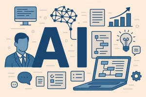 Ilustración de inteligencia artificial (IA) con elementos tecnológicos: letras grandes “AI” en el centro, acompañadas de íconos de cerebro digital, laptop con diagramas, gráficos de datos, bombilla de innovación y figura empresarial. Concepto visual sobre tecnología, automatización y transformación digital.