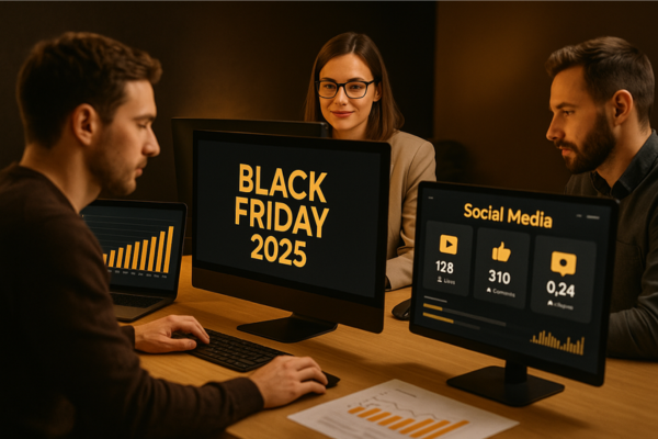 Equipo de marketing digital trabajando en estrategias para el Black Friday 2025, con pantallas que muestran estadísticas de redes sociales y gráficos de ventas en un entorno moderno con tonos dorados y negros, representando éxito y profesionalismo.