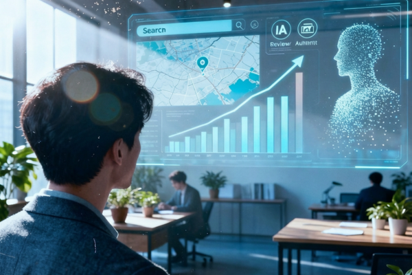 Profesional observando una interfaz holográfica de análisis de datos con gráfico de crecimiento, mapa geolocalizado y perfil digital de inteligencia artificial en una oficina moderna con personas trabajando al fondo.
