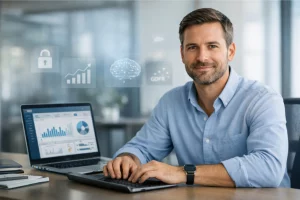 Responsable de marketing trabajando en una oficina moderna y luminosa, sentado frente a un portátil con gráficos de datos, analítica y privacidad, transmitiendo una gestión responsable y ética de la información.