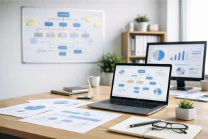 Espacio de trabajo corporativo moderno con un portátil y elementos visuales que representan la estructura y coherencia de una arquitectura de marca estratégica, como esquemas, bloques conectados y dashboards.