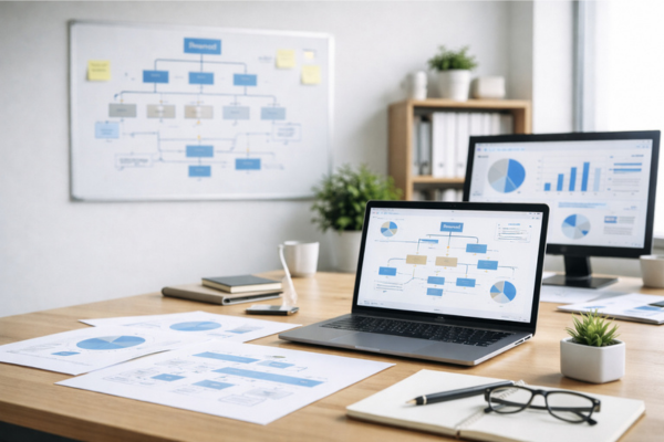 Espacio de trabajo corporativo moderno con un portátil y elementos visuales que representan la estructura y coherencia de una arquitectura de marca estratégica, como esquemas, bloques conectados y dashboards.