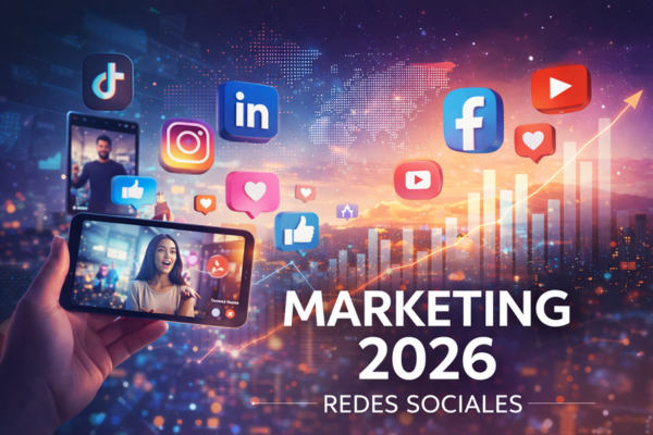 Ilustración de marketing digital: una mano sostiene un smartphone mostrando a una creadora de contenido en vivo, rodeado de íconos de redes sociales (TikTok, Instagram, LinkedIn, Facebook y YouTube), reacciones de “me gusta” y corazones, con un gráfico ascendente de crecimiento y el texto “Marketing 2026 – Redes Sociales” sobre un fondo tecnológico y urbano.